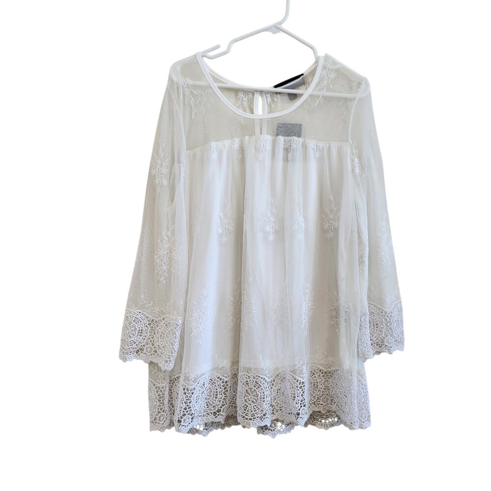 Anthony Original Lace Floral Long Sleeve Blouse Keyhole Back White Size XL
